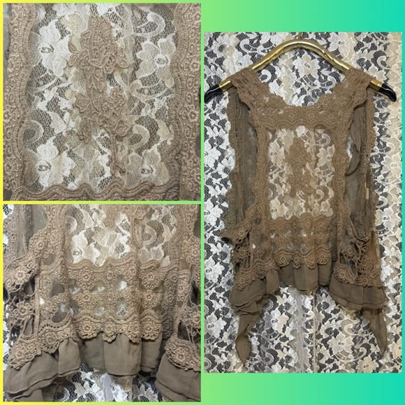 NWOT Umgee Lace vest in light Brown tan M/L rose ruffle sheer hippie boho - Picture 1 of 16